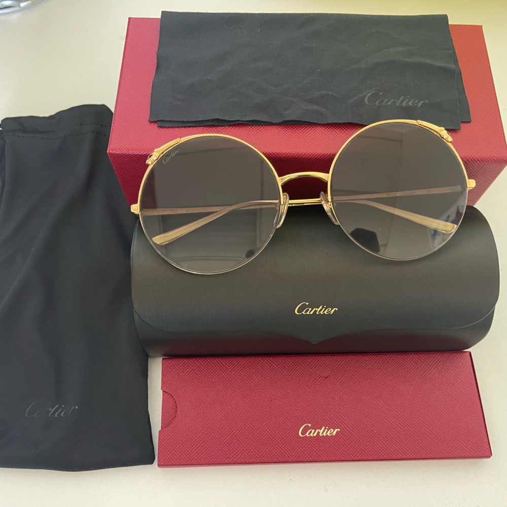 Authentic Cartier Round Gold Sunglasses with Grey Lenses CT0149S w/orig receipt